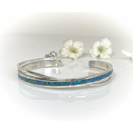Australian Blue Opal Inlay Cuff Bracelet - Handcrafted Sterling Silver