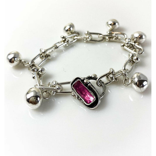 Pink Tourmaline Sterling Silver Chunky Charm Bracelet