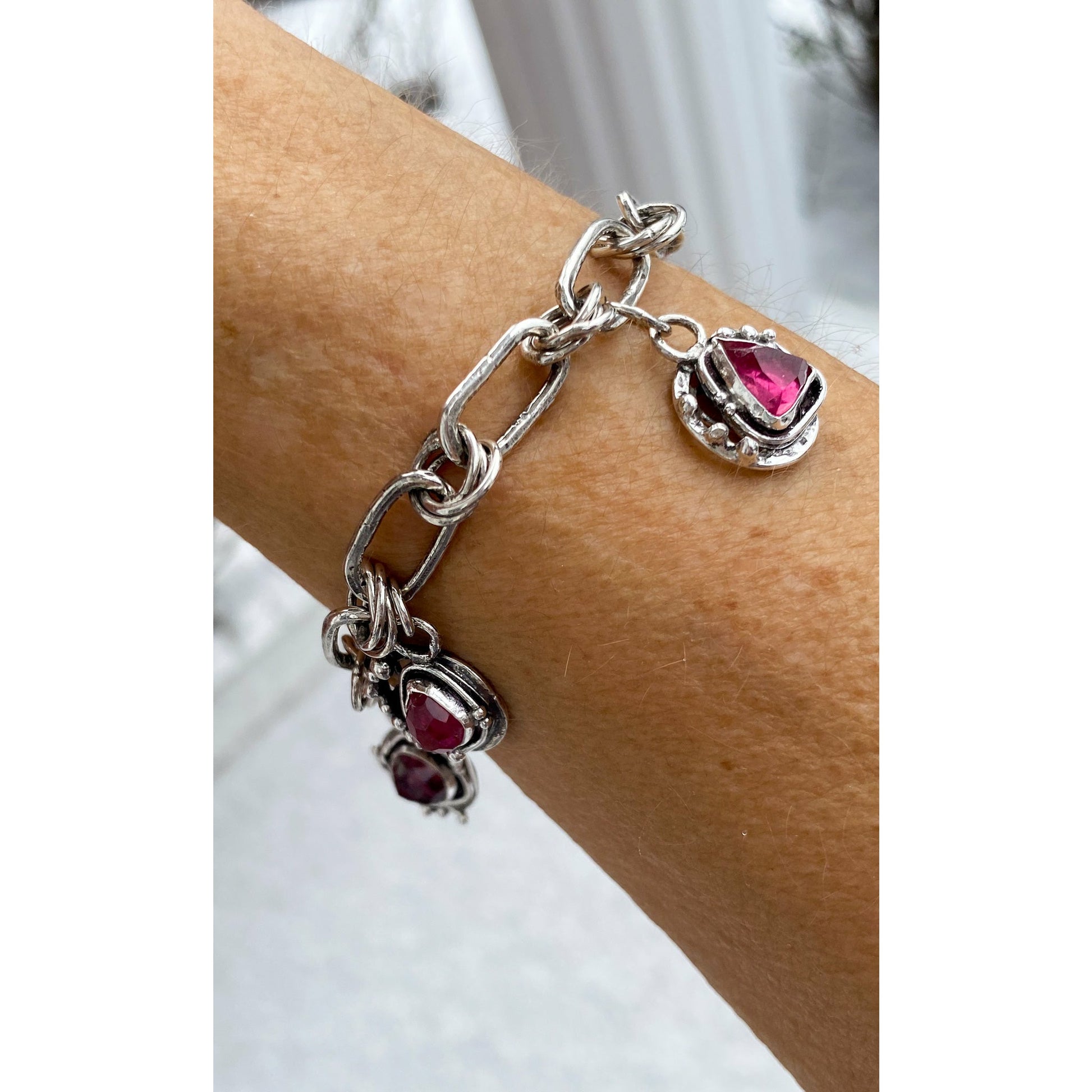 Pink Tourmaline Paperclip Style Chain and Charm Bracelet