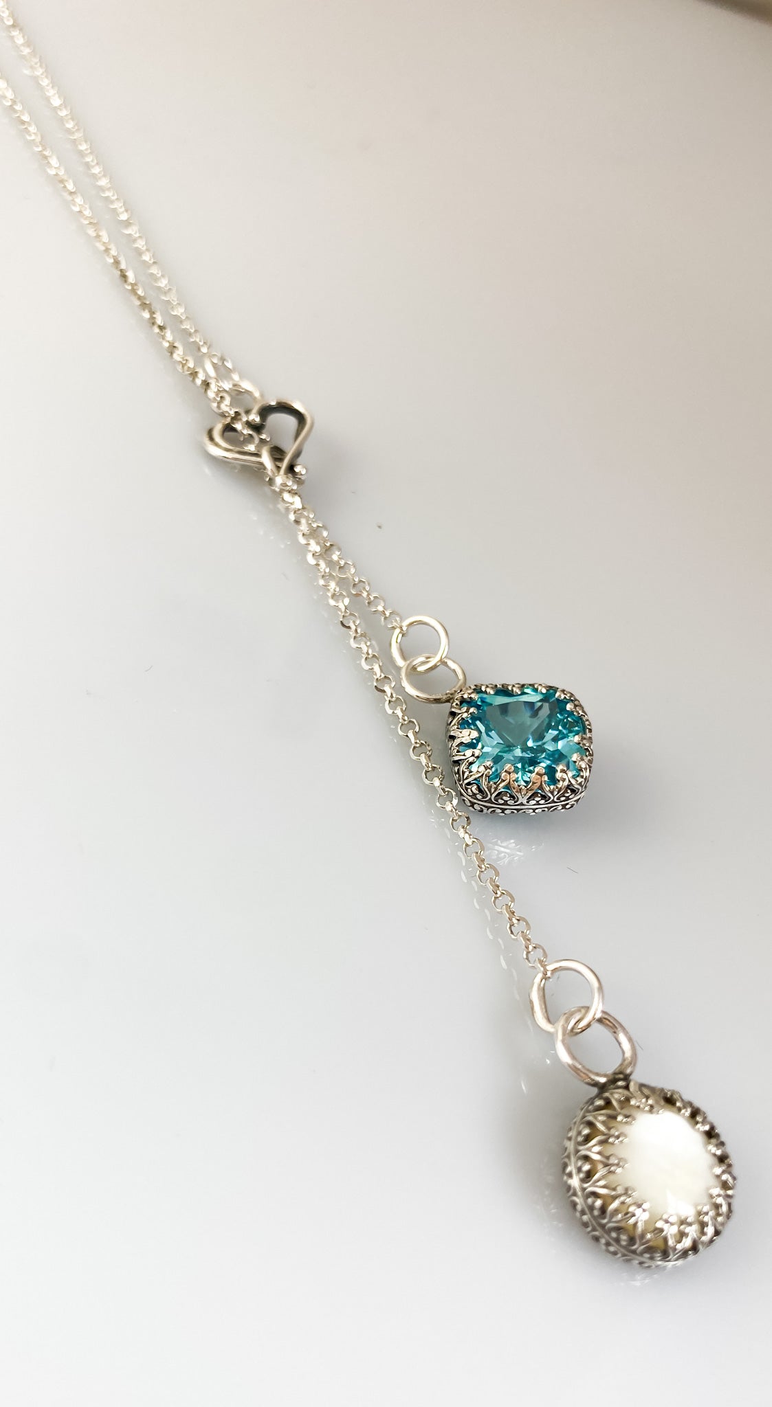 Swiss Blue Topaz and Mother of Pearl Double Sided Necklace