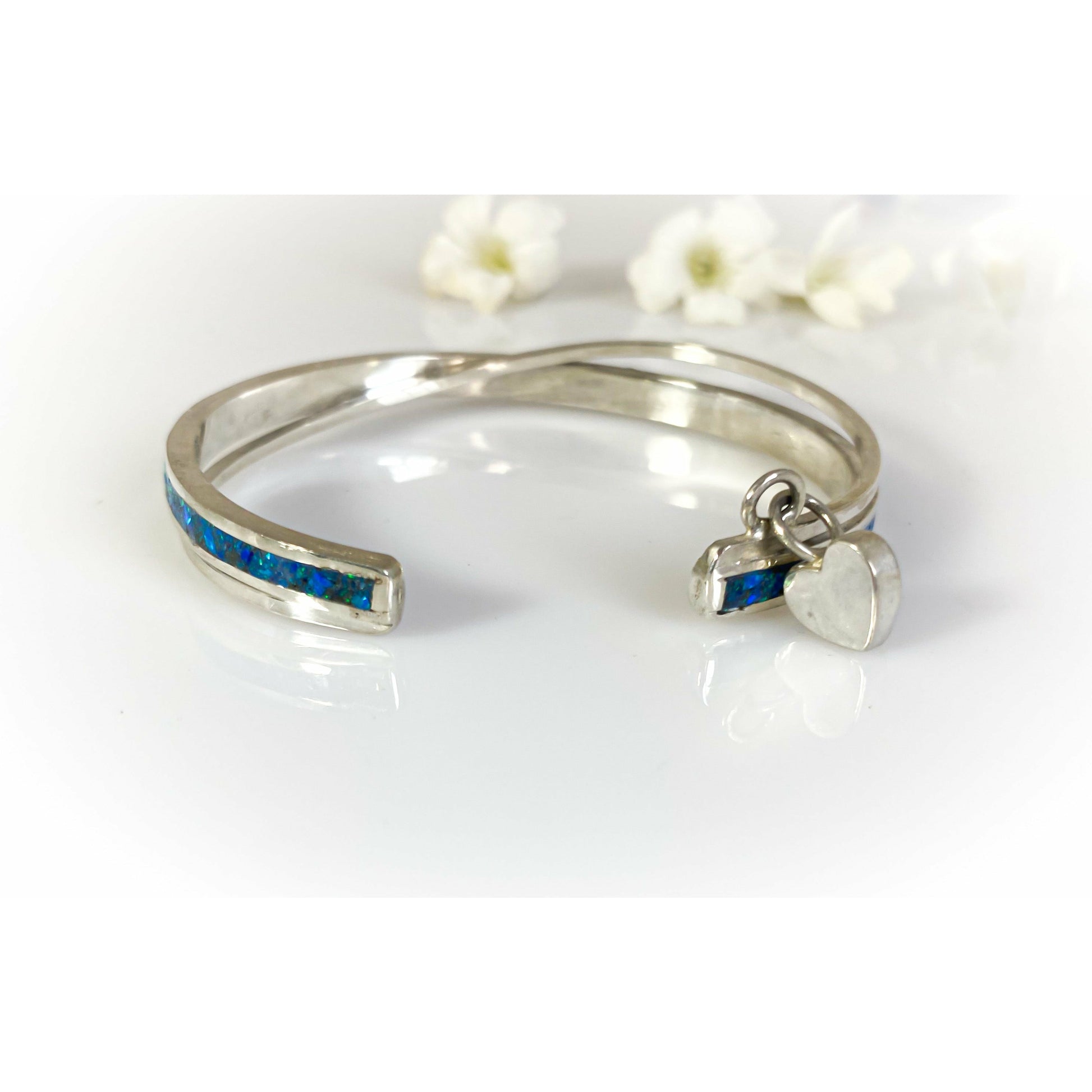 Australian Blue Opal Handcrafted Inlay cuff bracelet with heart charm