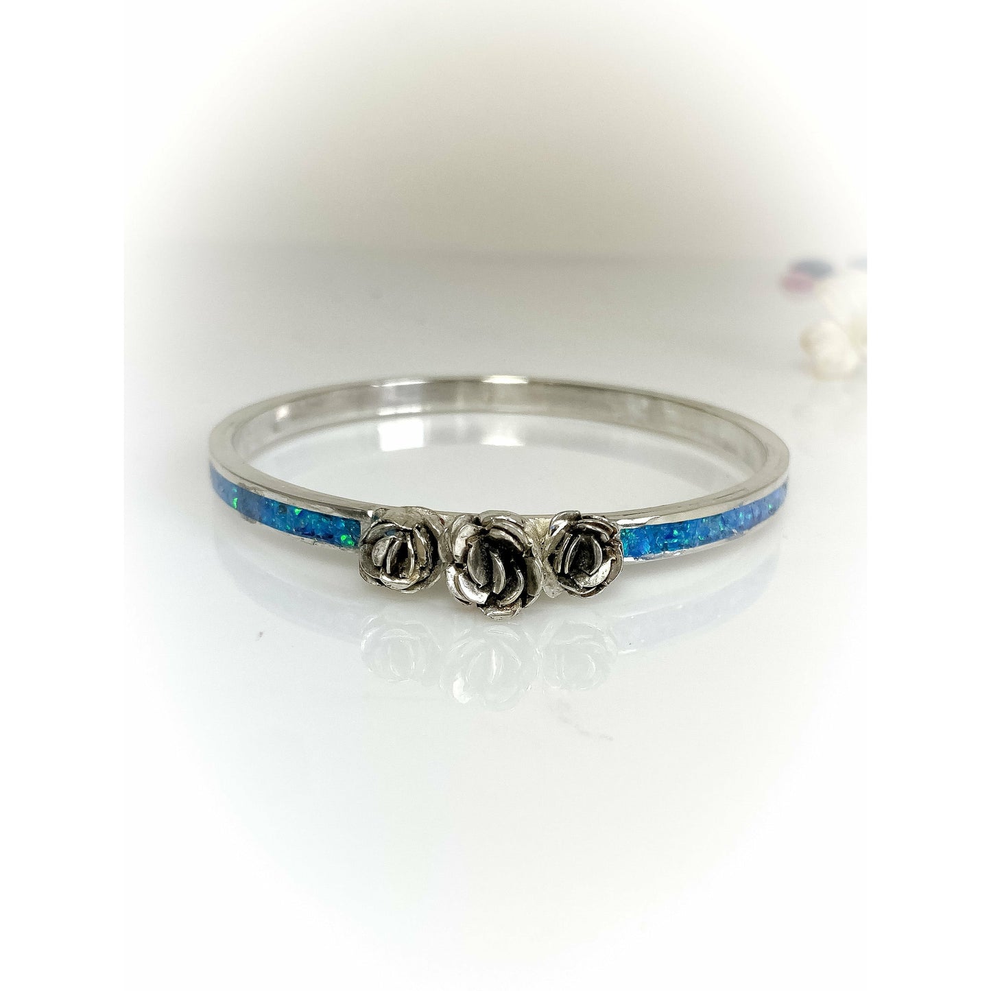 Australian Blue Opal Inlay Bracelet with Three Sterling Silver Roses