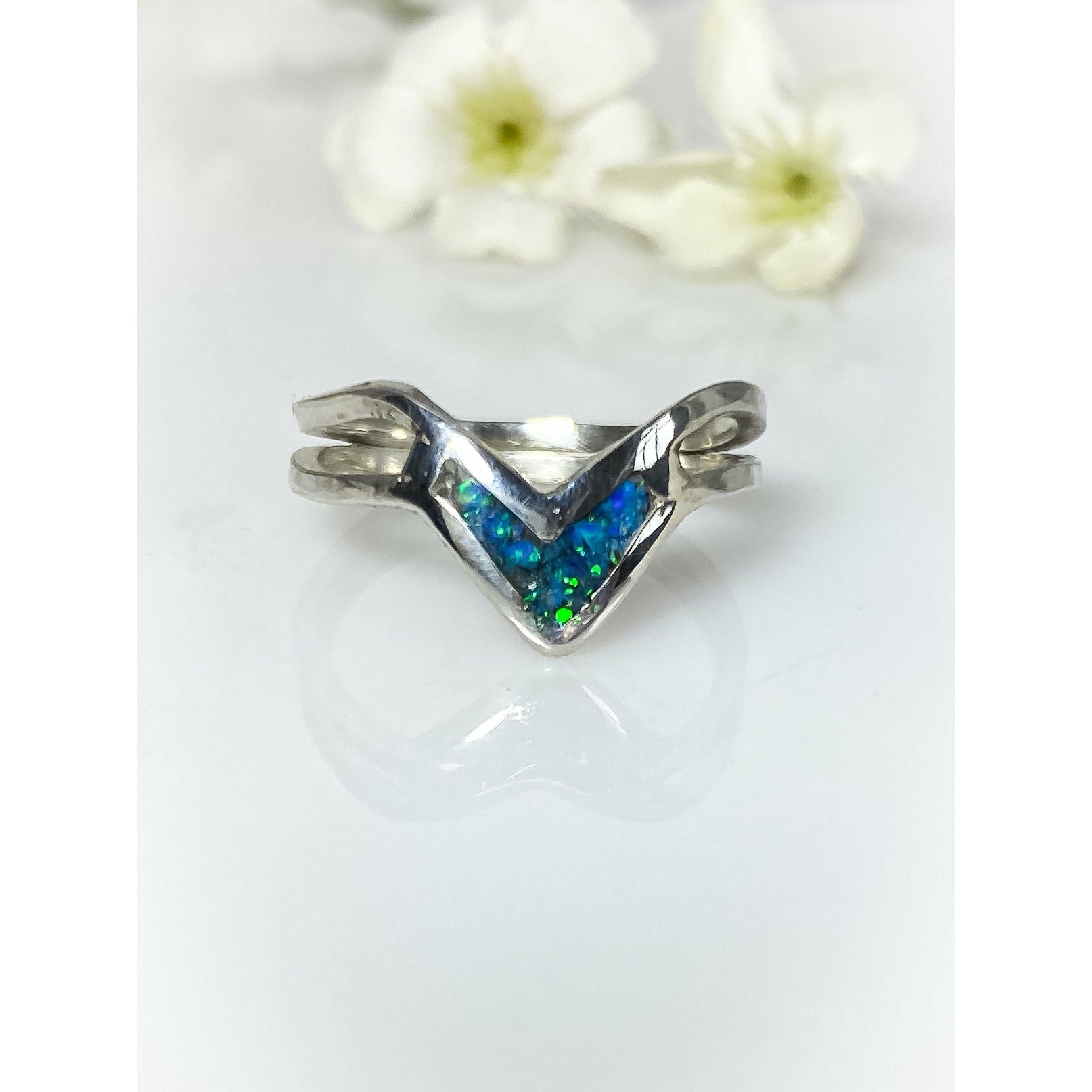 Australian Blue Opal V Shape Inlay Ring - Sterling Silver
