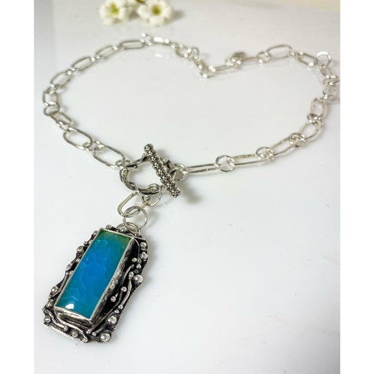 Blue Chalcedony Sterling Silver Handcrafted Necklace and Pendant-Paper Clip style chain