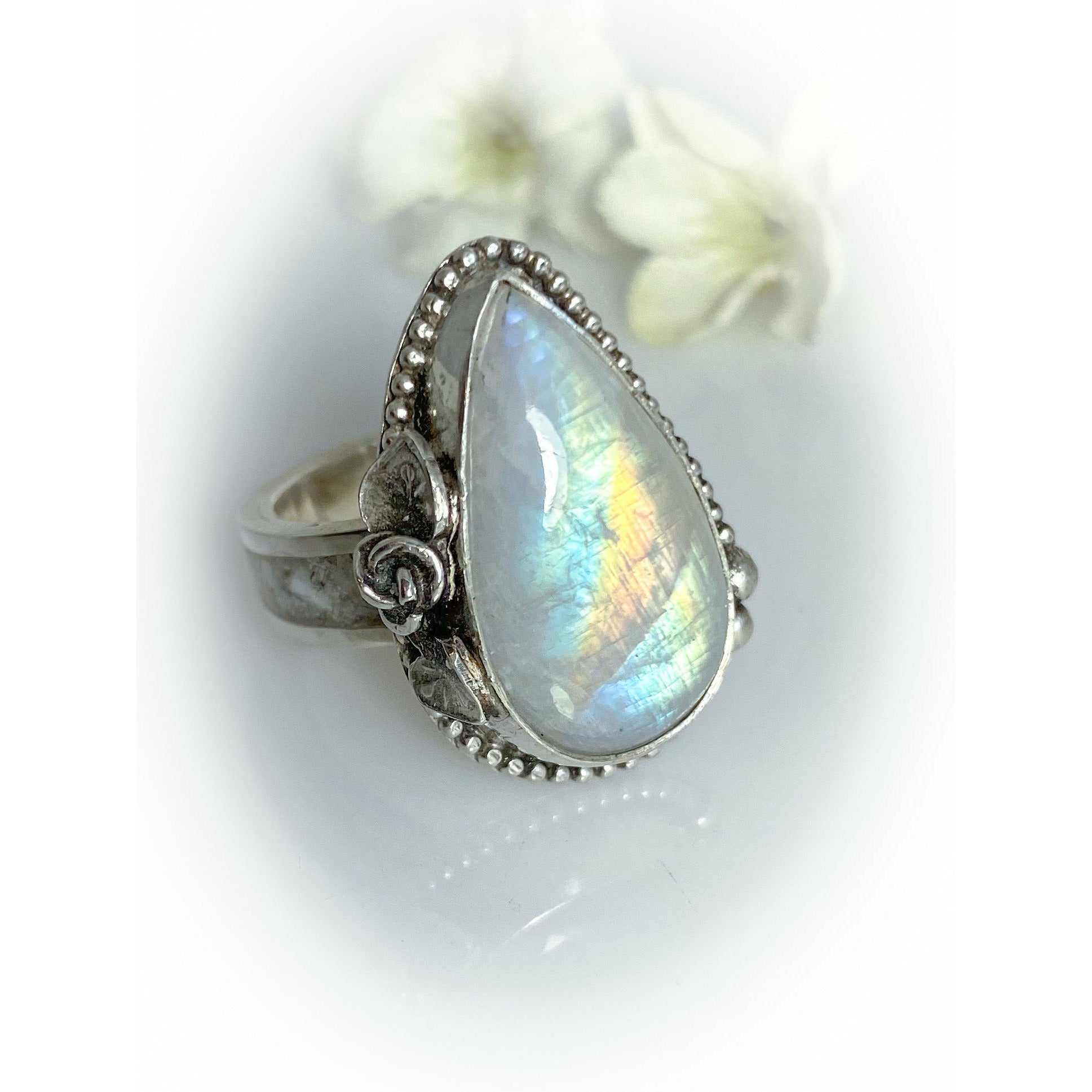 Rainbow Moonstone/Mother of Pearl Sterling Silver Inlay Ring
