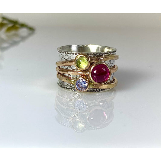 Sterling and Gold - Peridot, Amethyst and Ruby Spinner Ring -