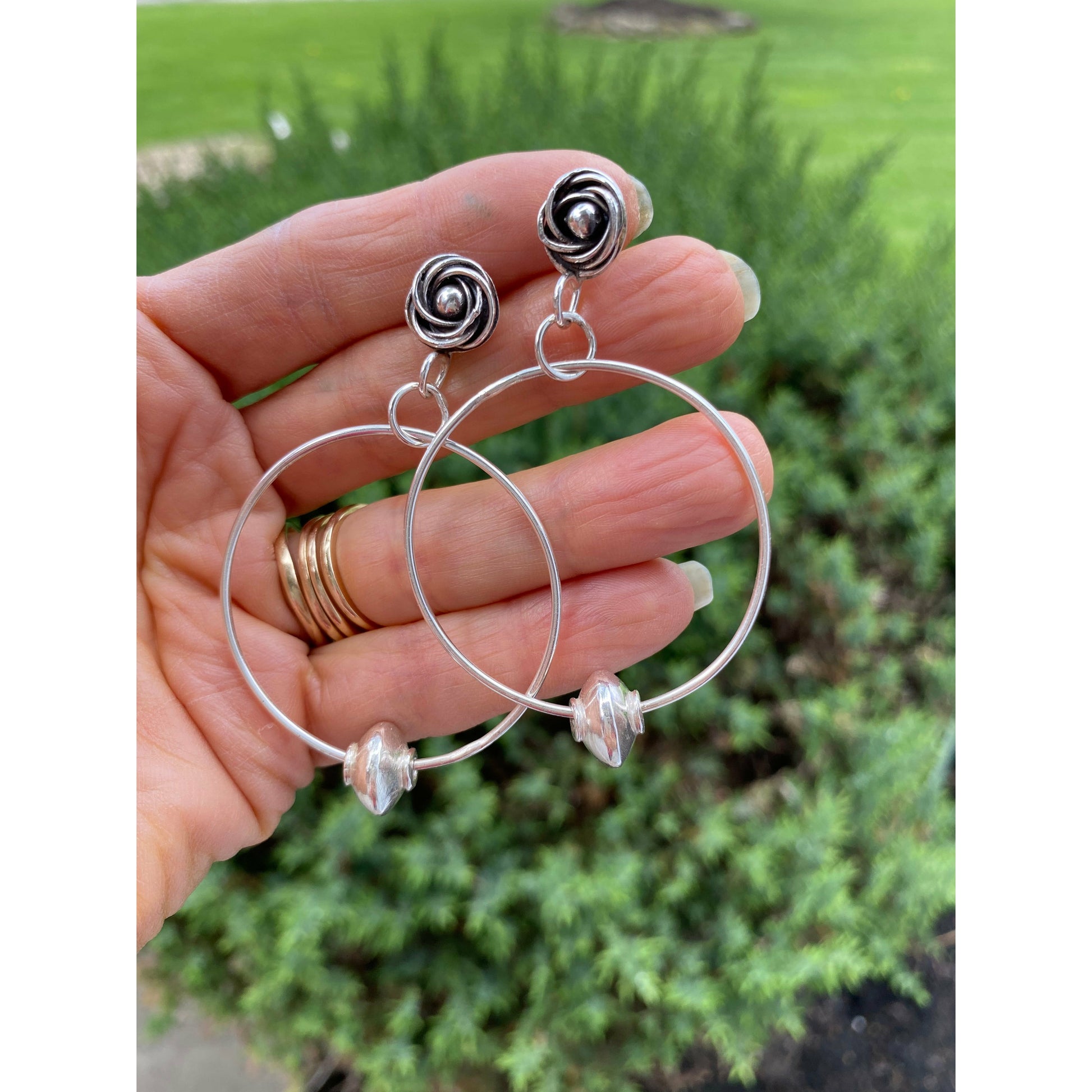 Large Hoop Earrings with Decorative Rosettes and Sterling Beads - Fine/Sterling Silver