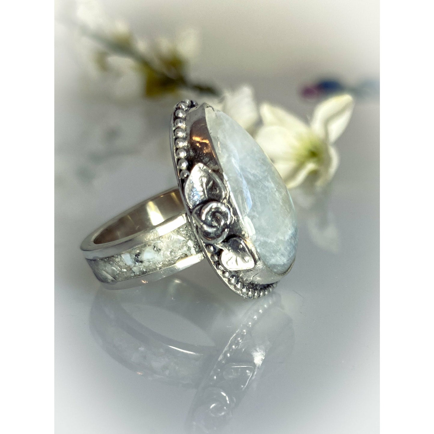 Rainbow Moonstone/Mother of Pearl Sterling Silver Inlay Ring