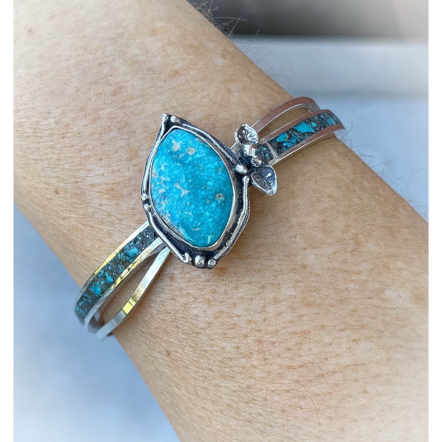 Turquoise Double Bangle Sterling Silver Inlay Cuff Bracelet