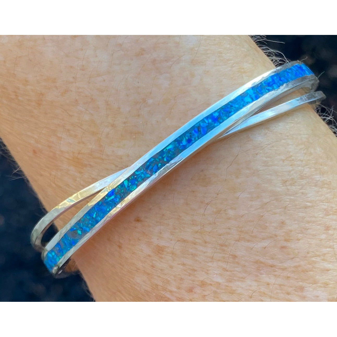 Australian Blue Opal Inlay cuff Bracelet - handcrafted sterling silver