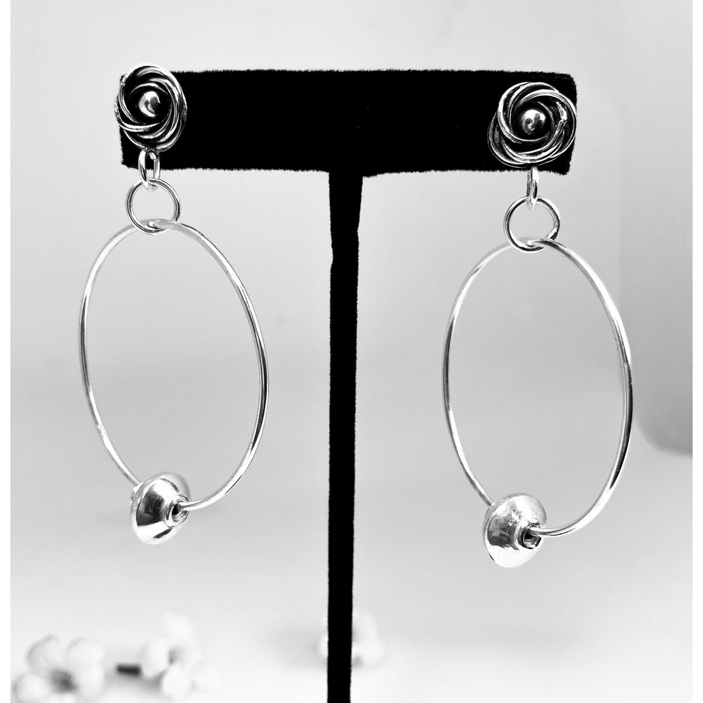 Large Hoop Earrings with Decorative Rosettes and Sterling Beads - Fine/Sterling Silver