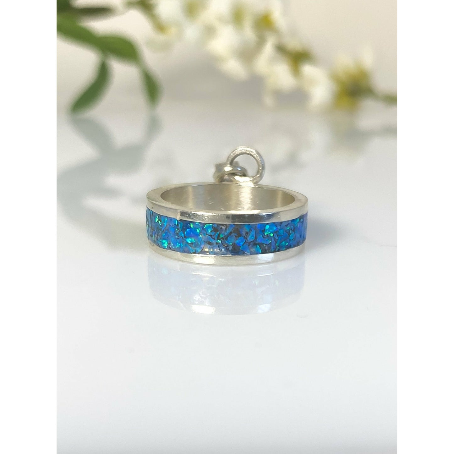 Australian Blue Opal Sterling Silver Inlay Ring with Sterling Silver Heart Charm