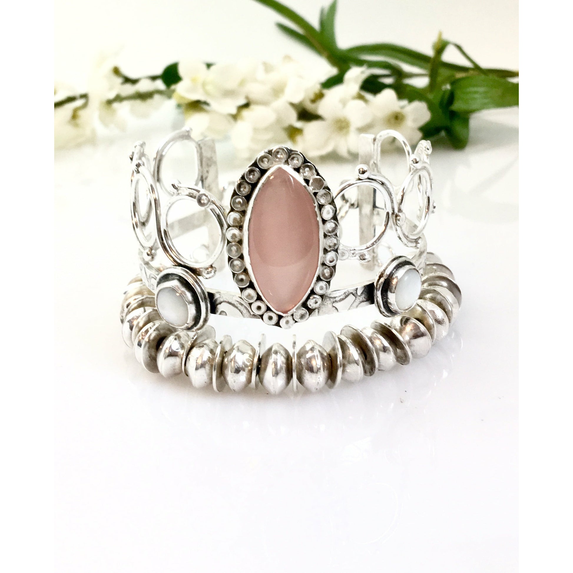 Pink Chalcedony Sterling Silver Triple Bangle Statement Cuff Bracelet
