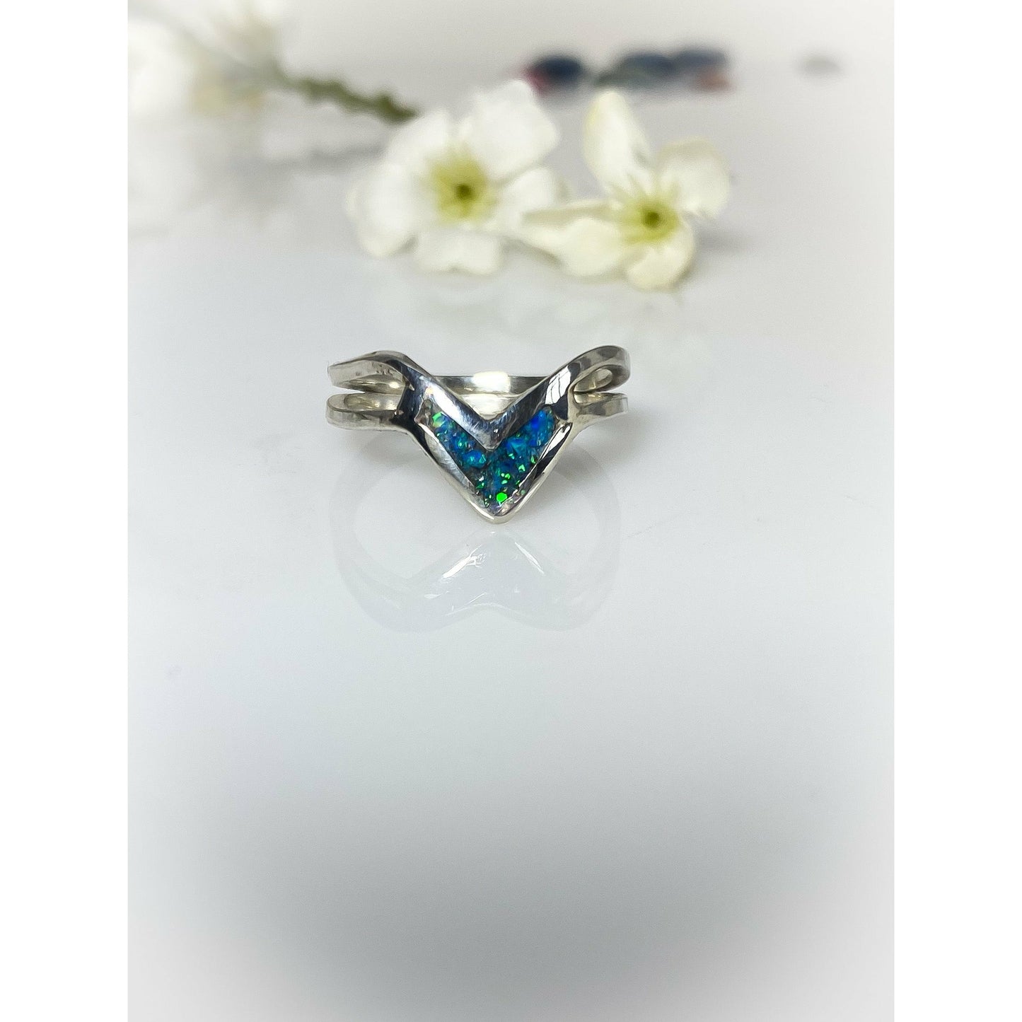 Australian Blue Opal V Shape Inlay Ring - Sterling Silver