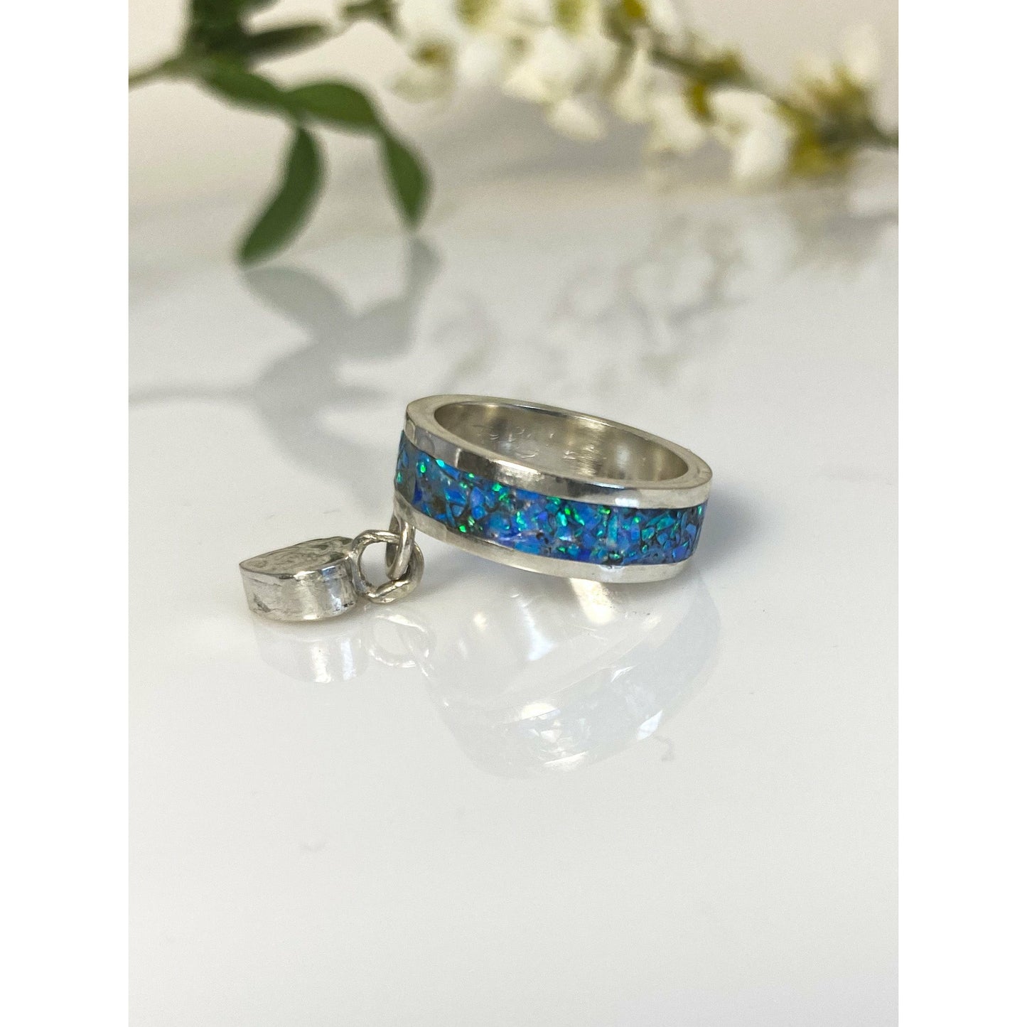 Australian Blue Opal Sterling Silver Inlay Ring with Sterling Silver Heart Charm