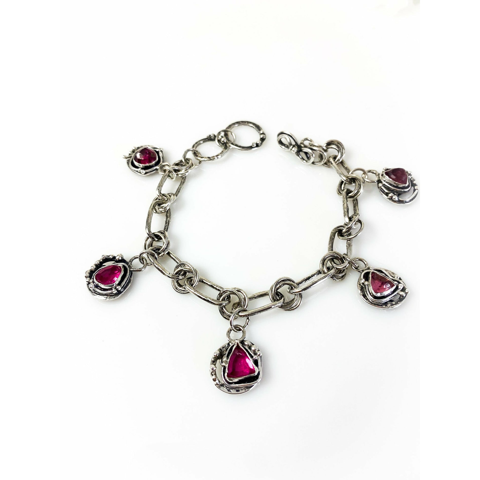 Pink tourmaline paperclip style chain and charm bracelet