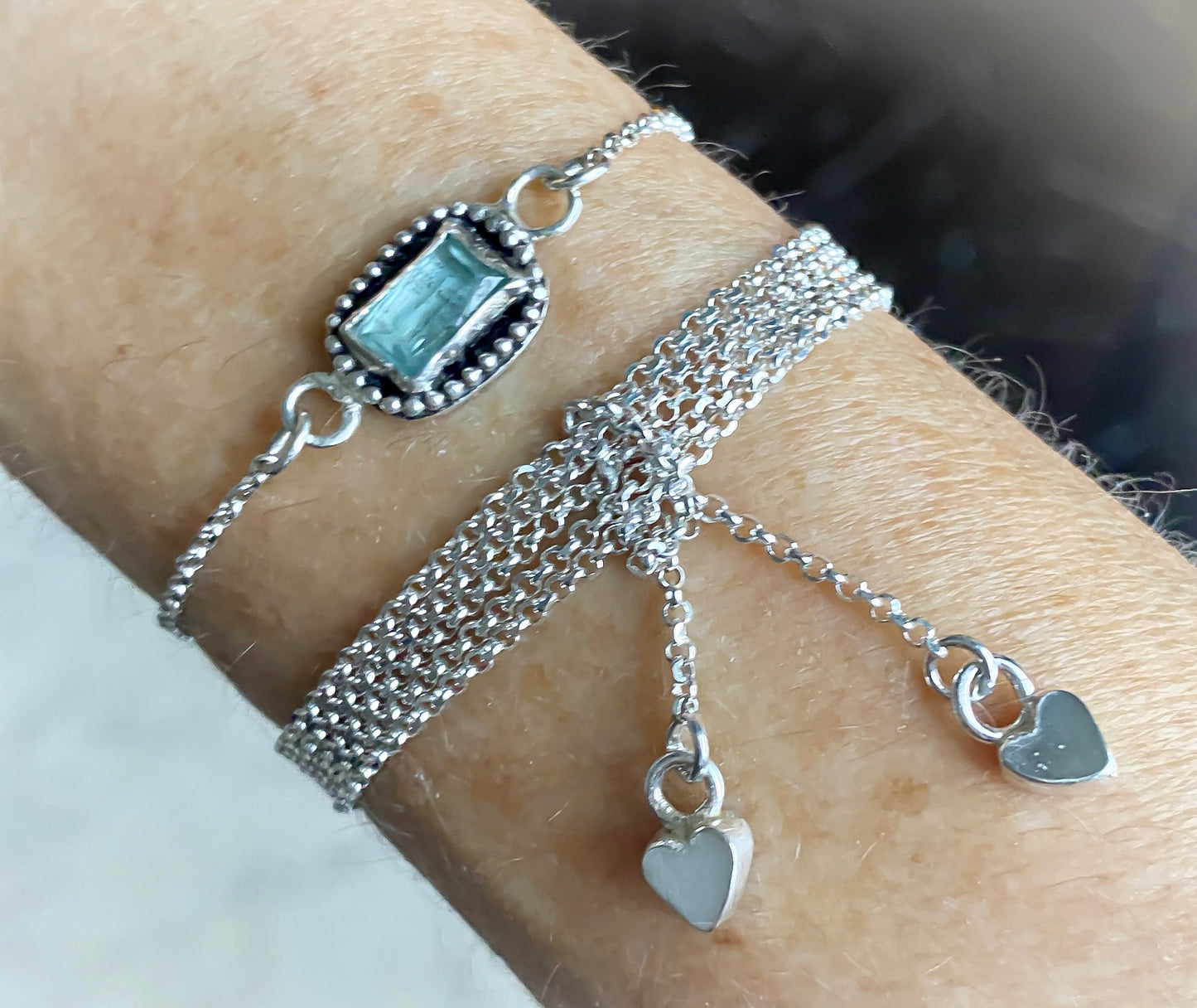 Sterling Silver Chain Bracelet with Heart Charms